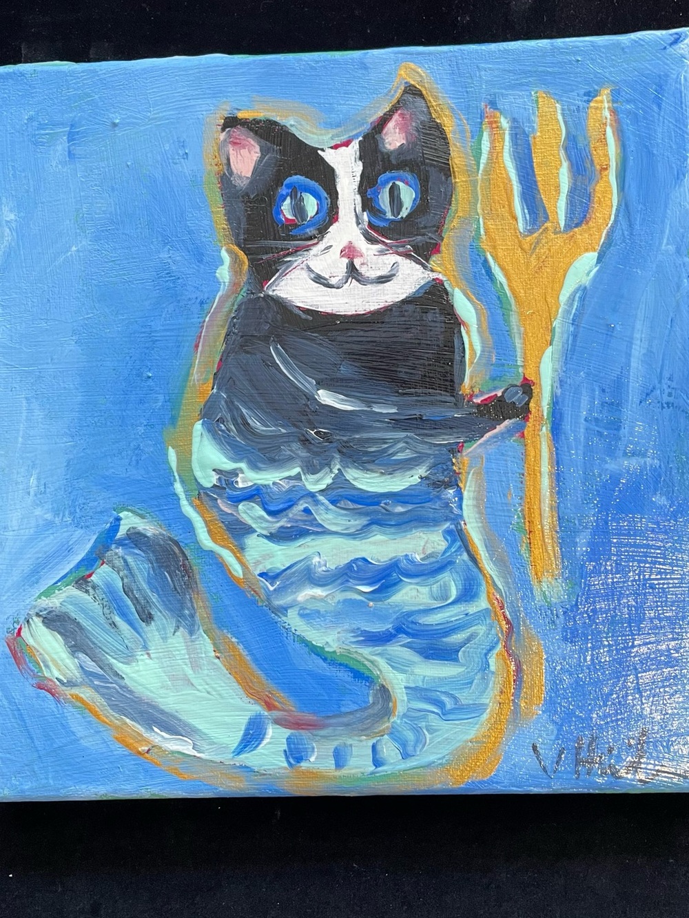 “Cat Mermaid “Original Acrylic Painting on Canvas Handmade 10”x 10”